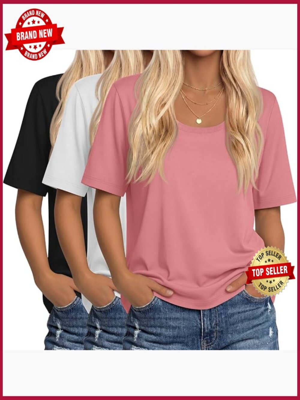 3 Pack Scoop Neck Half Sleeve T-Shirts Women Casual Summer Loose Tees